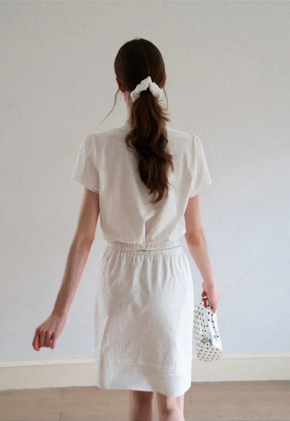 Pleated Collar Short Sleeve Shirt And High Waist Drawstring Skirt Set
