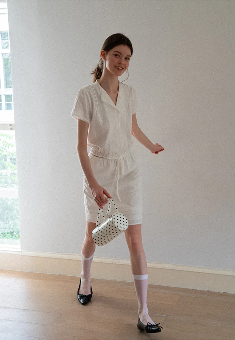 Pleated Collar Short Sleeve Shirt And High Waist Drawstring Skirt Set