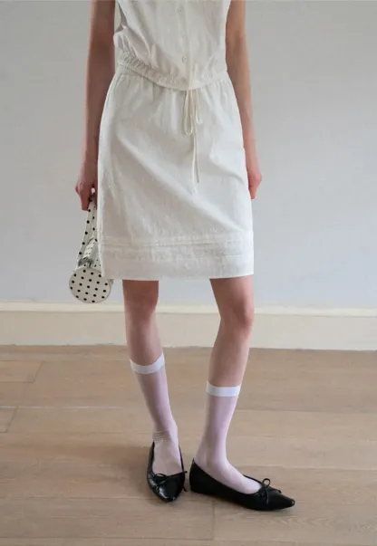 Pleated Collar Short Sleeve Shirt And High Waist Drawstring Skirt Set