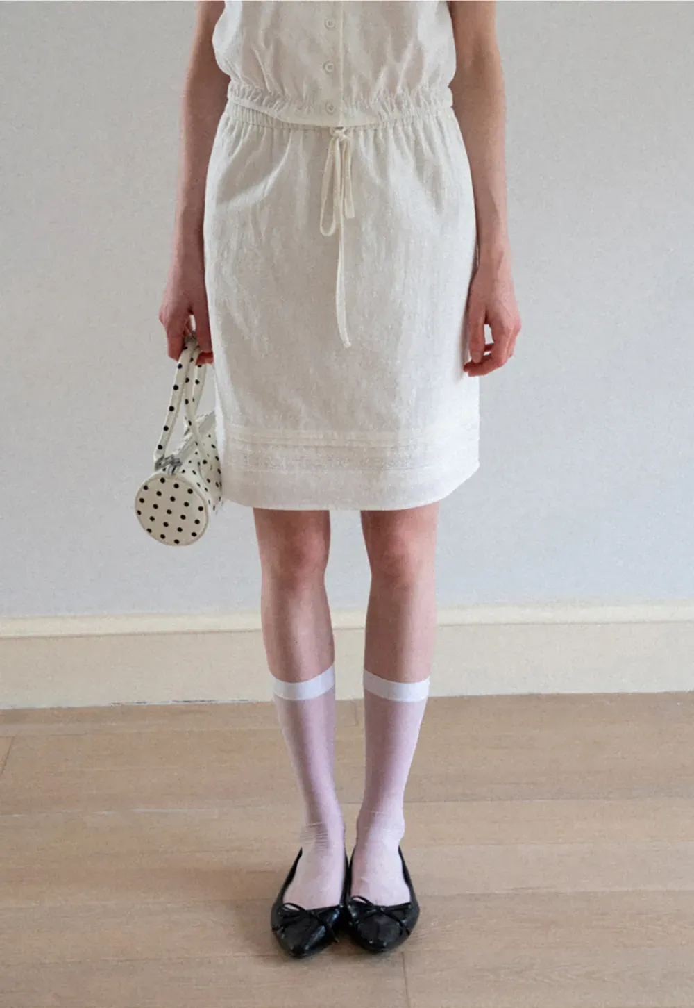 Pleated Collar Short Sleeve Shirt And High Waist Drawstring Skirt Set
