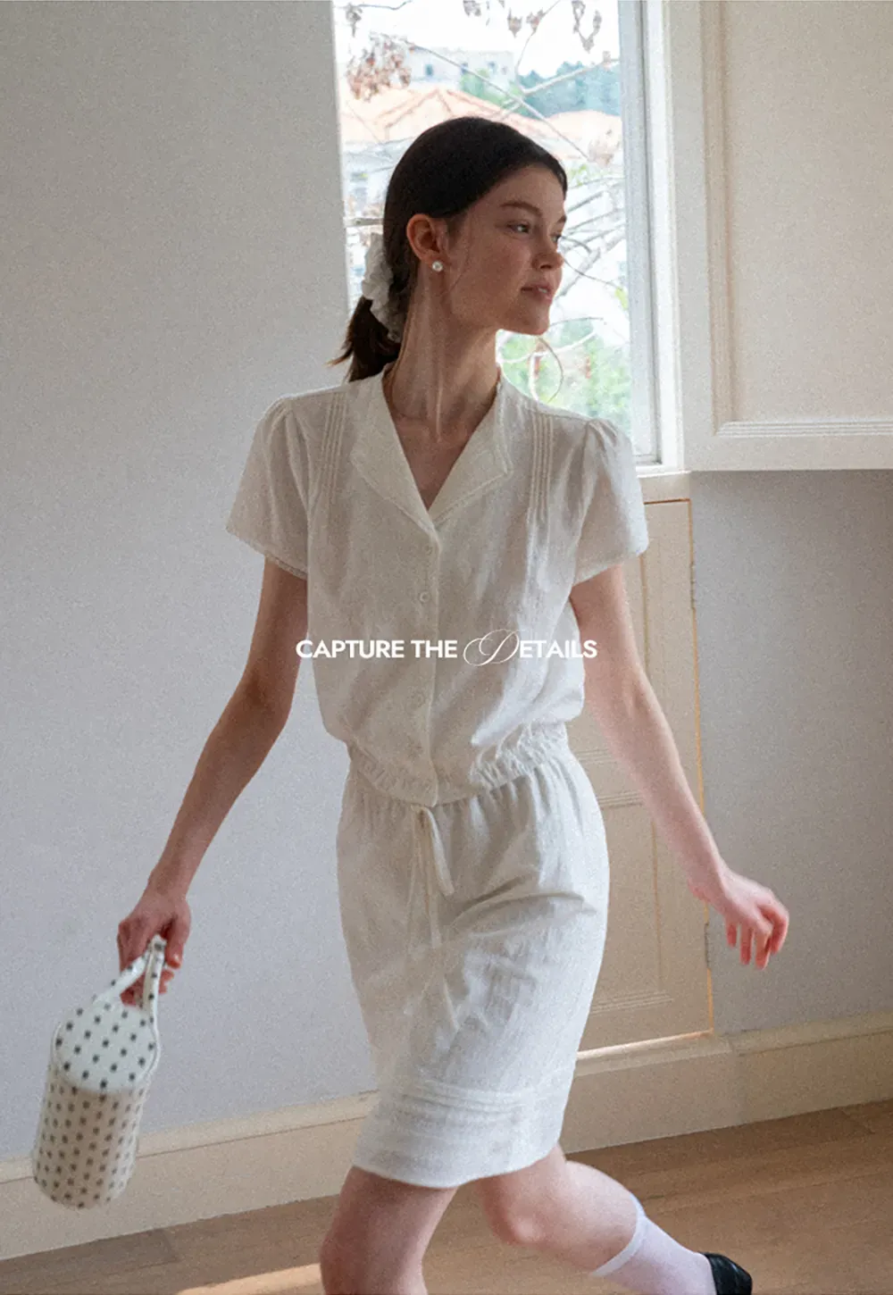 Pleated Collar Short Sleeve Shirt And High Waist Drawstring Skirt Set