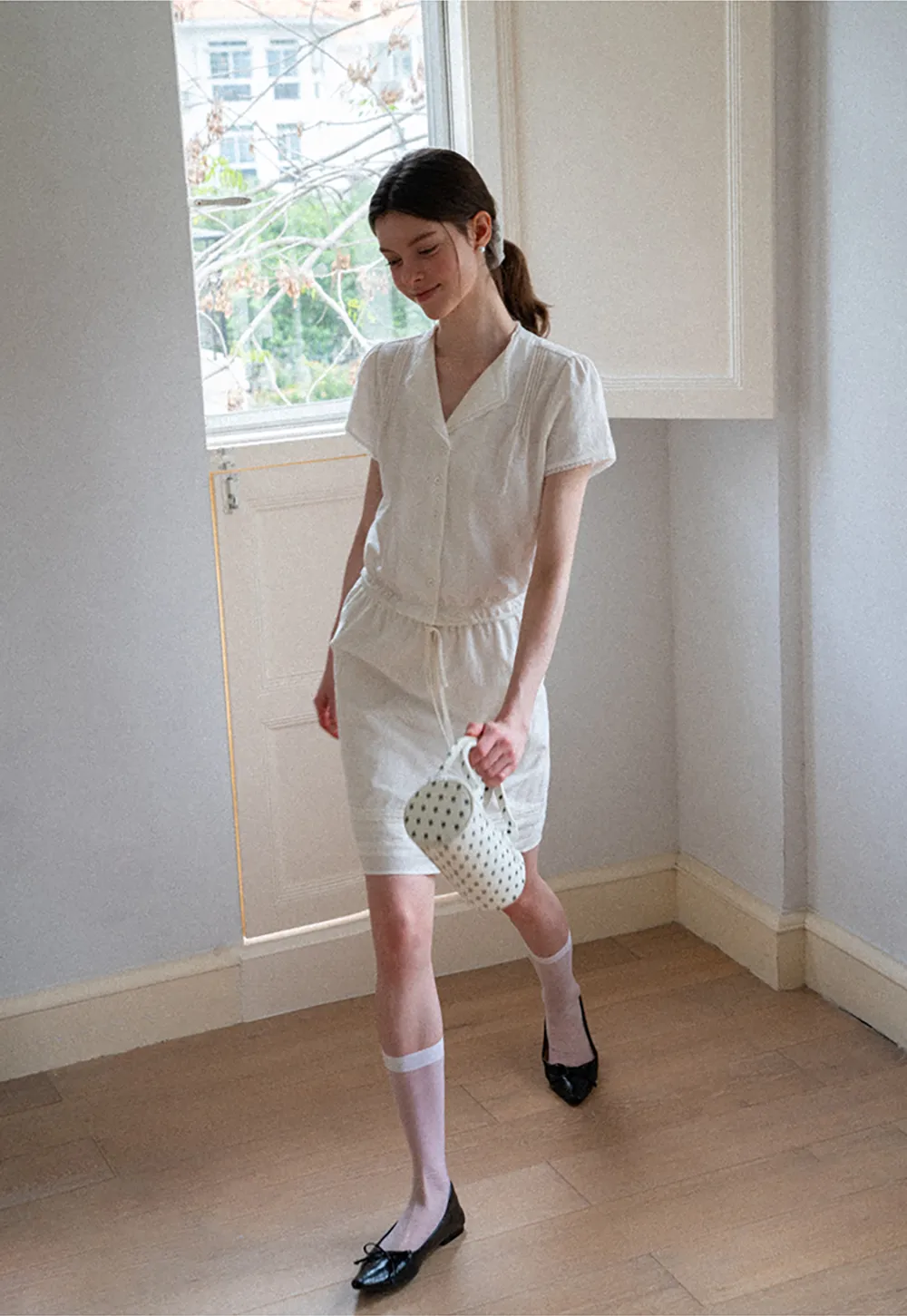Pleated Collar Short Sleeve Shirt And High Waist Drawstring Skirt Set