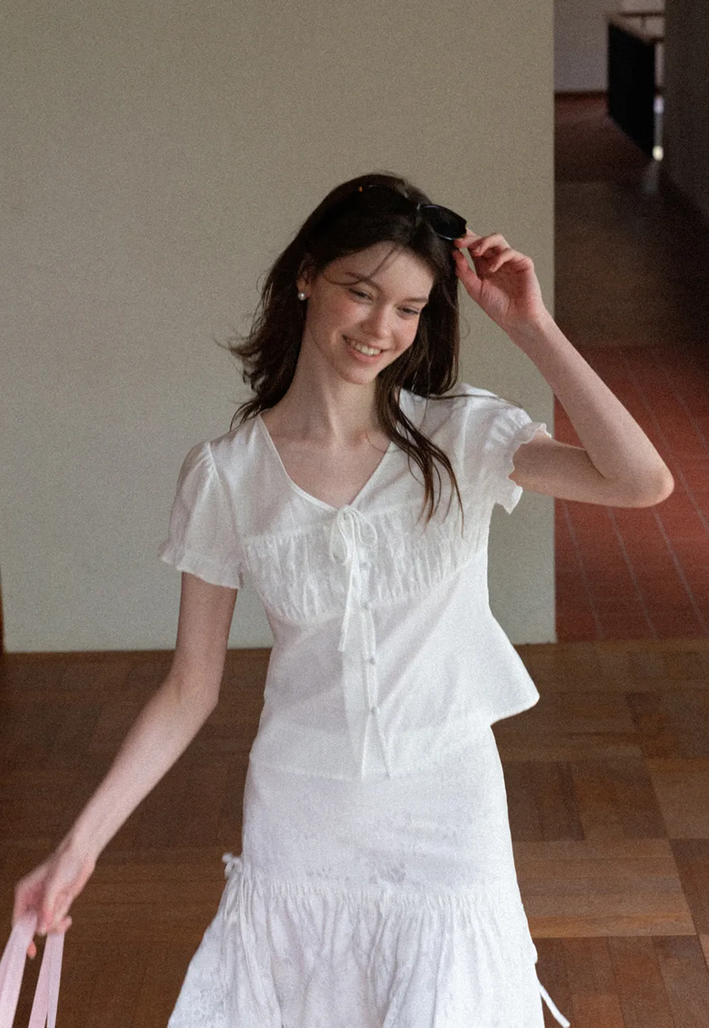 V Neck Drawstring Detail Short Sleeve Shirt