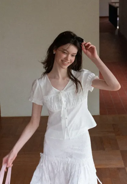 V Neck Drawstring Detail Short Sleeve Shirt