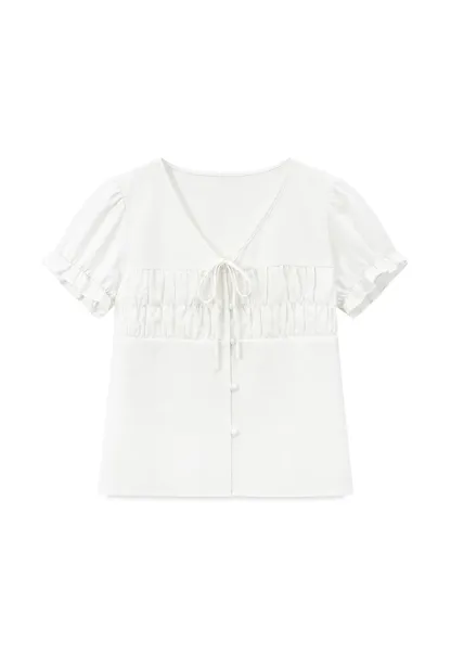 V Neck Drawstring Detail Short Sleeve Shirt
