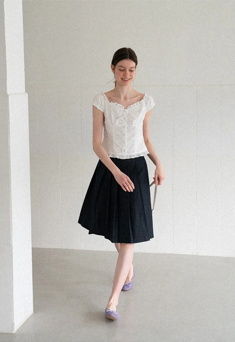 Ruffled Cap Sleeve Embroidered Button Front Shirt