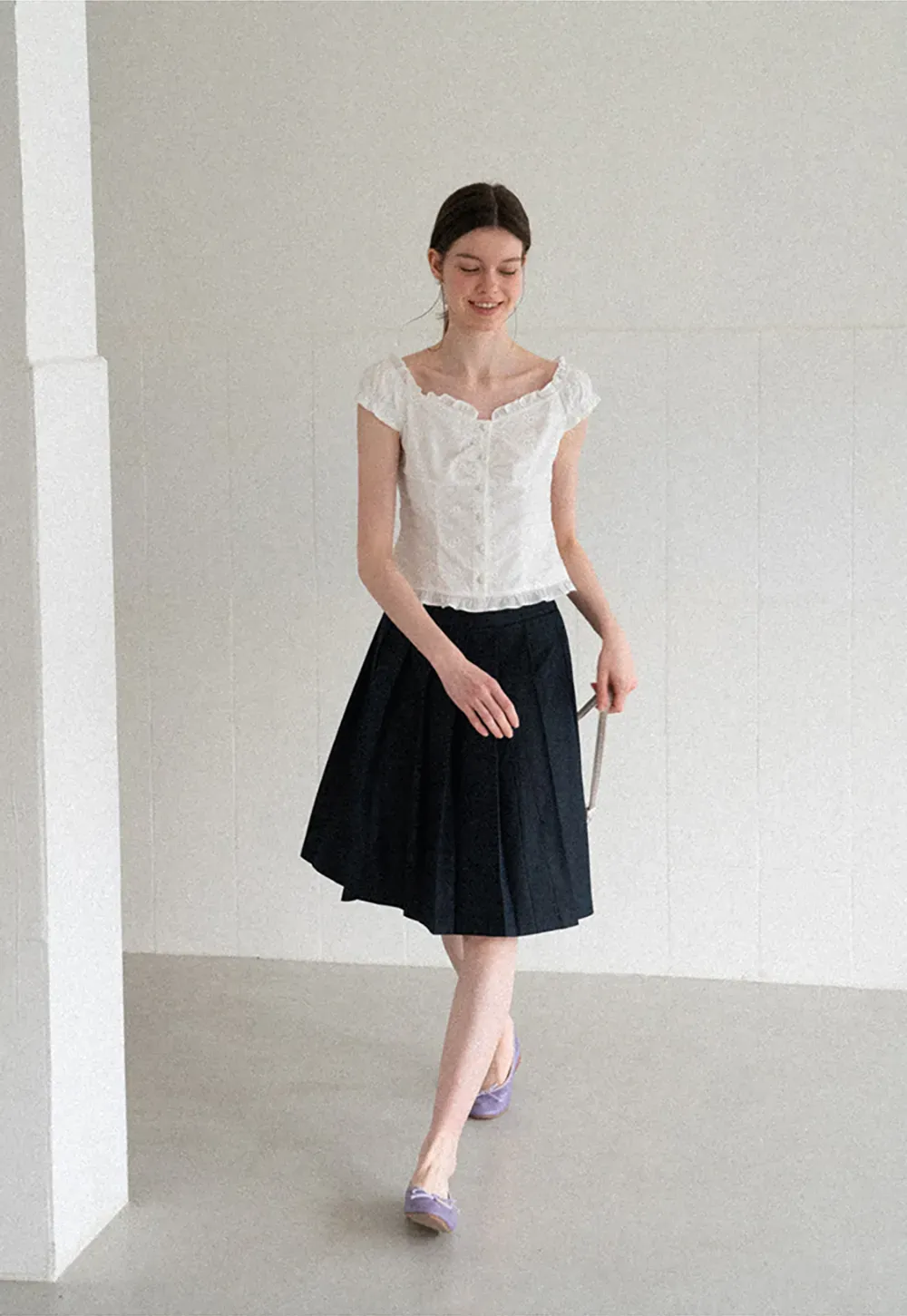 Ruffled Cap Sleeve Embroidered Button Front Shirt