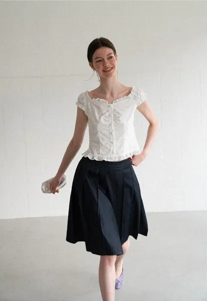 Ruffled Cap Sleeve Embroidered Button Front Shirt
