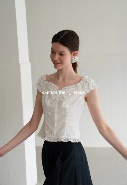 Ruffled Cap Sleeve Embroidered Button Front Shirt
