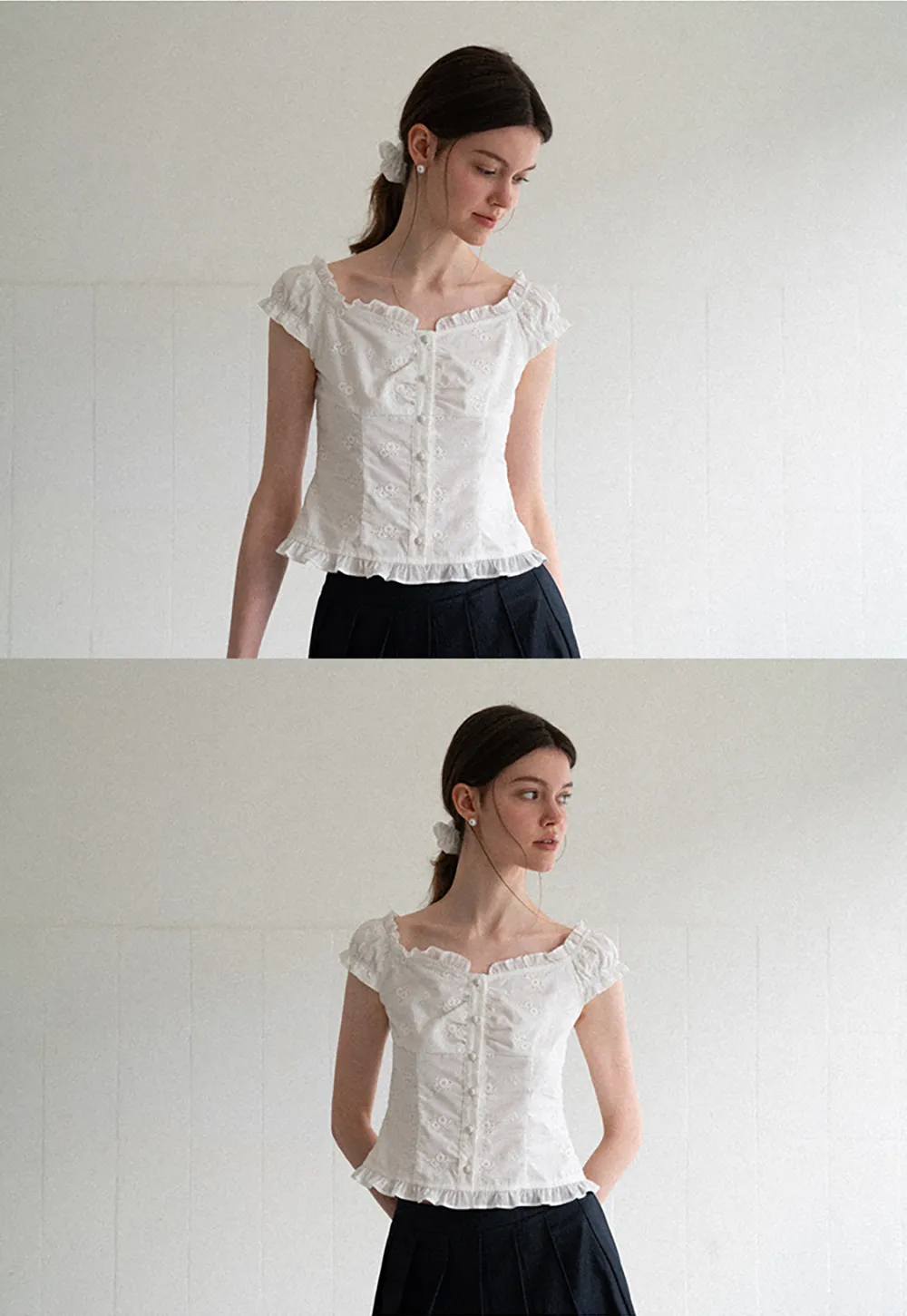 Ruffled Cap Sleeve Embroidered Button Front Shirt