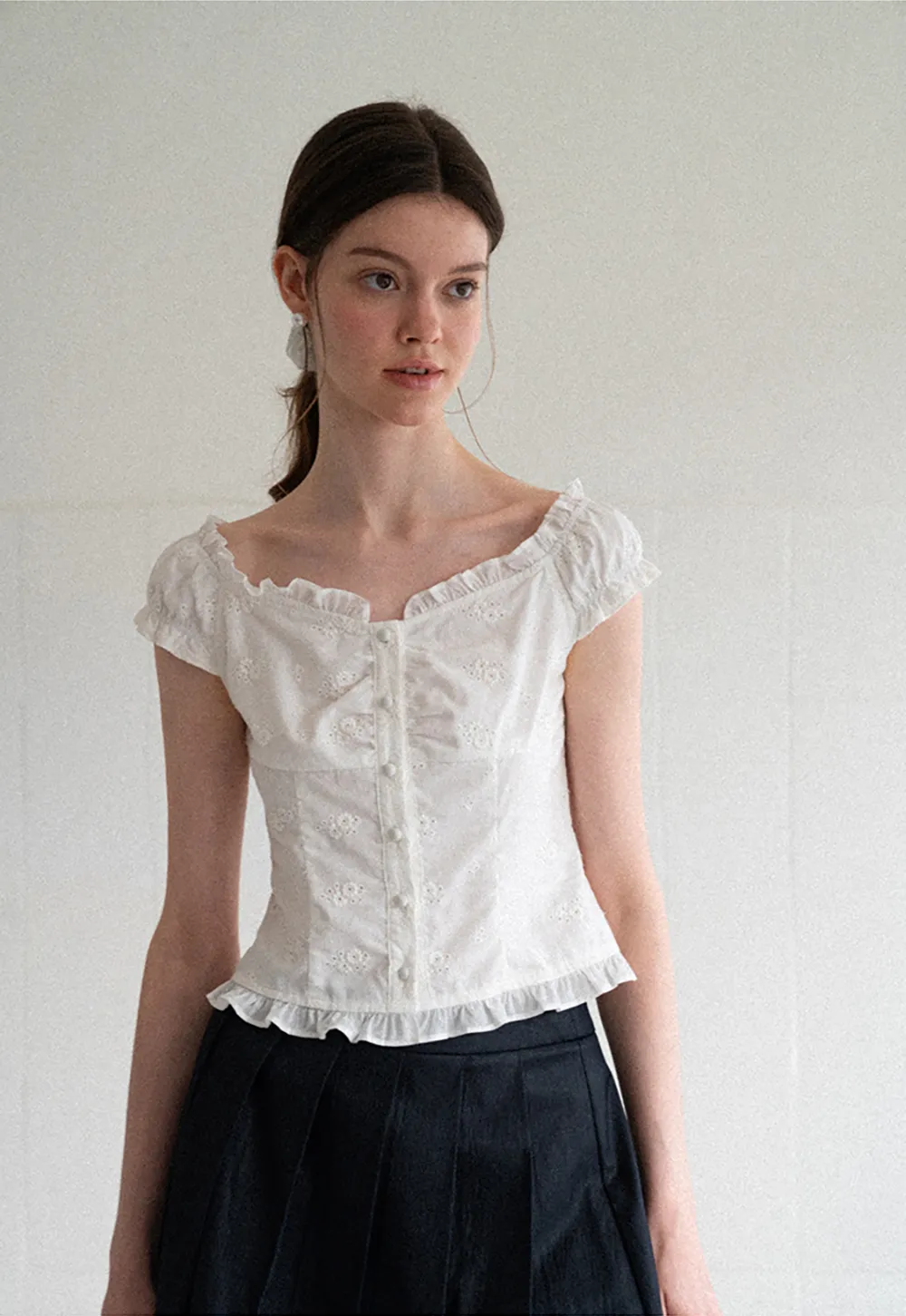Ruffled Cap Sleeve Embroidered Button Front Shirt