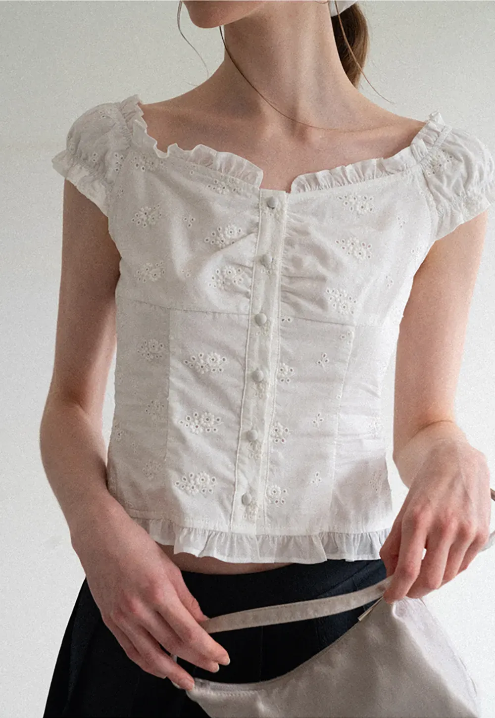 Ruffled Cap Sleeve Embroidered Button Front Shirt