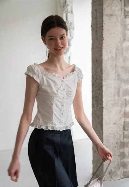 Ruffled Cap Sleeve Embroidered Button Front Shirt