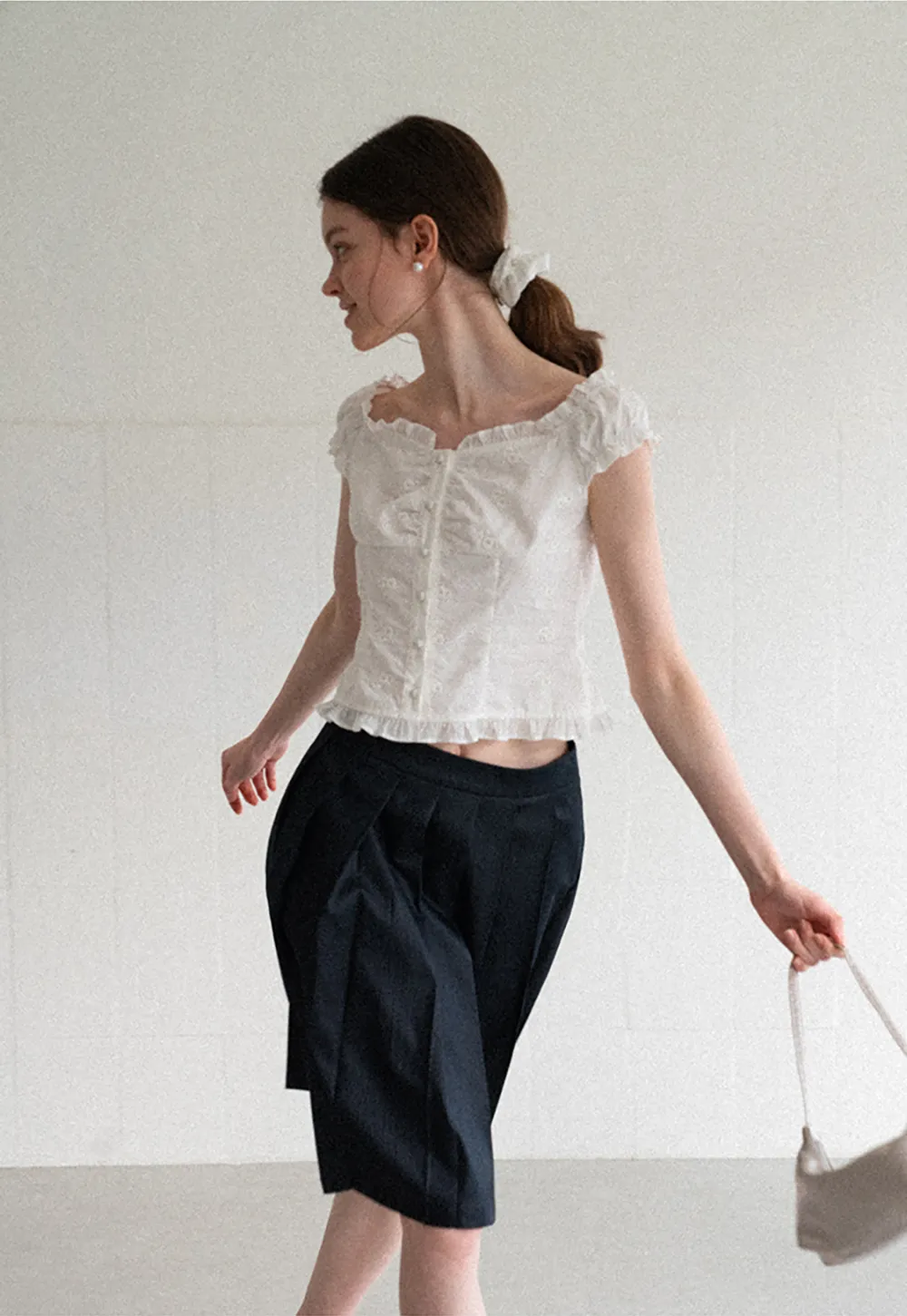 Ruffled Cap Sleeve Embroidered Button Front Shirt