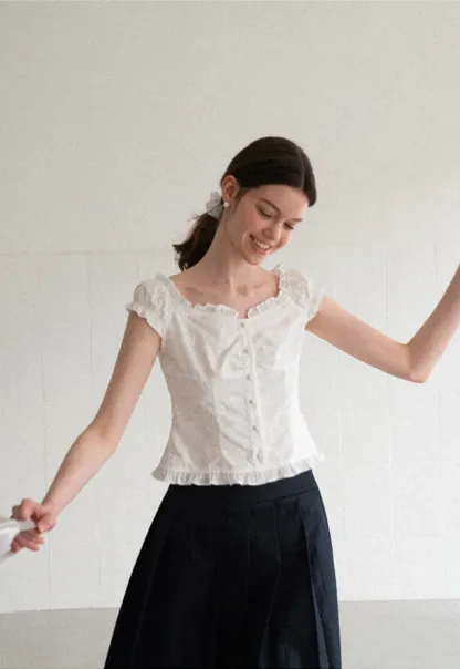 Ruffled Cap Sleeve Embroidered Button Front Shirt
