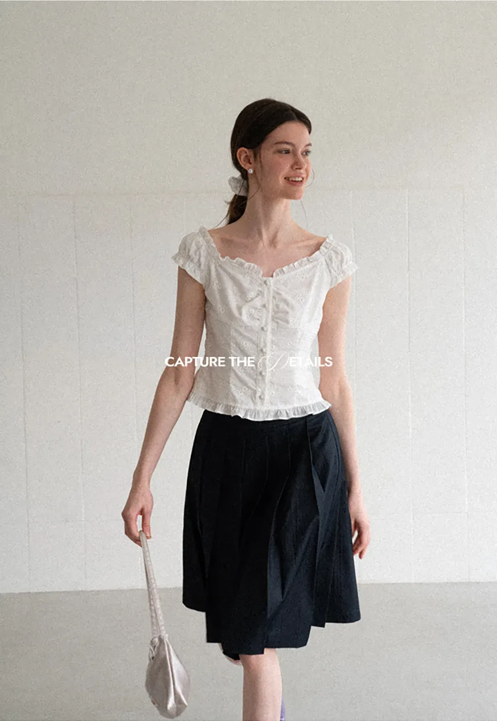Ruffled Cap Sleeve Embroidered Button Front Shirt