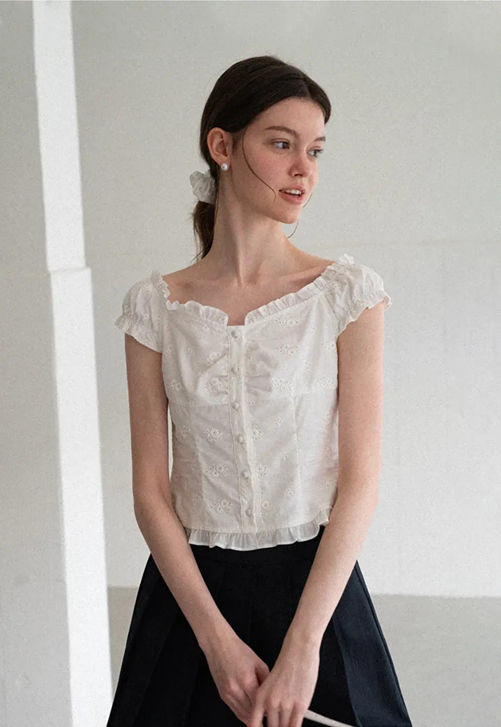 Ruffled Cap Sleeve Embroidered Button Front Shirt