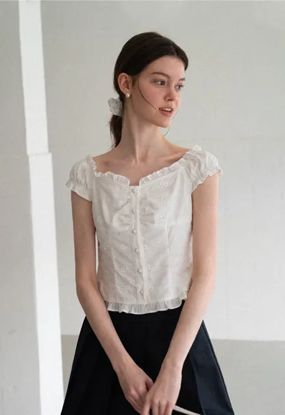 Ruffled Cap Sleeve Embroidered Button Front Shirt