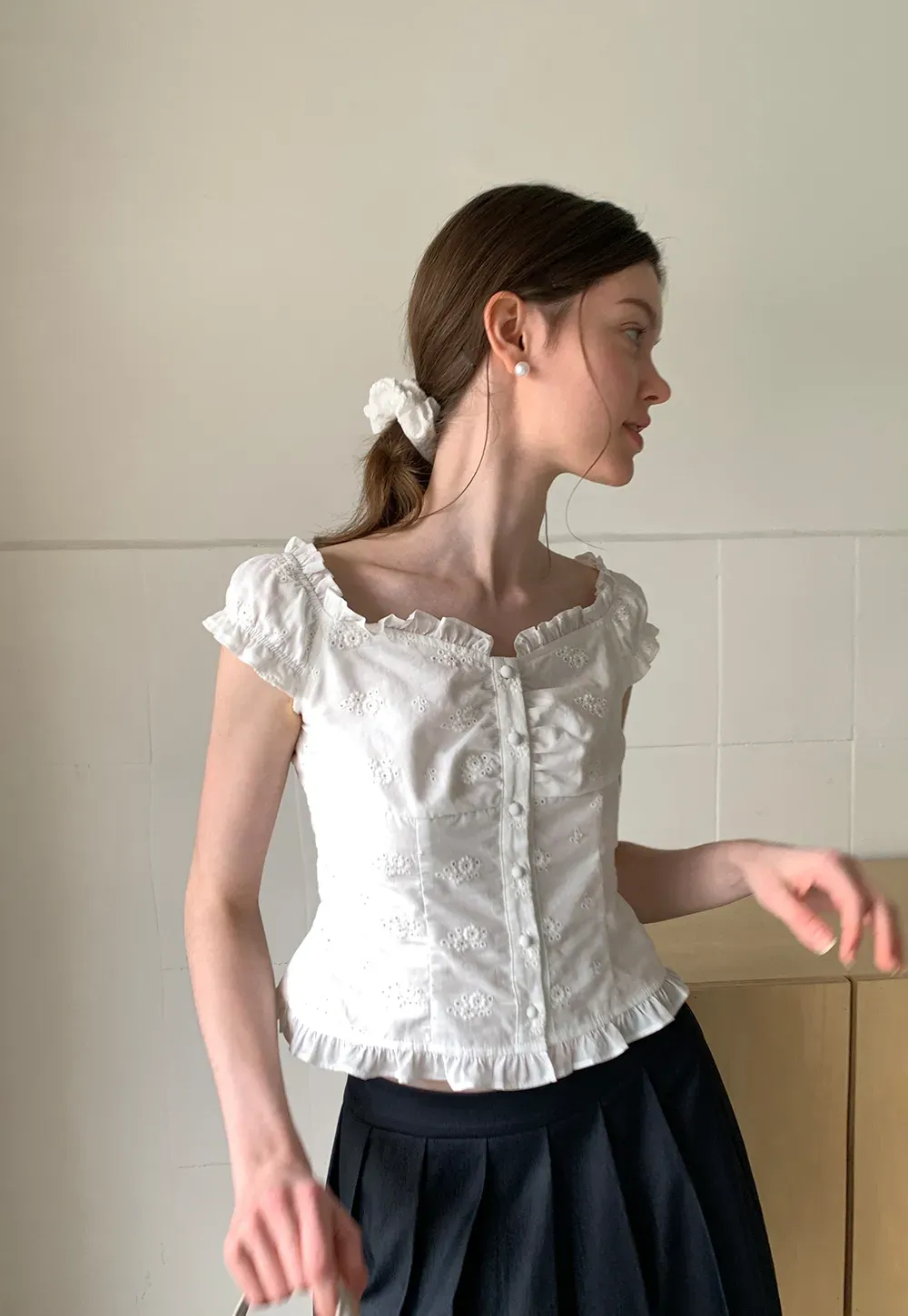 Ruffled Cap Sleeve Embroidered Button Front Shirt