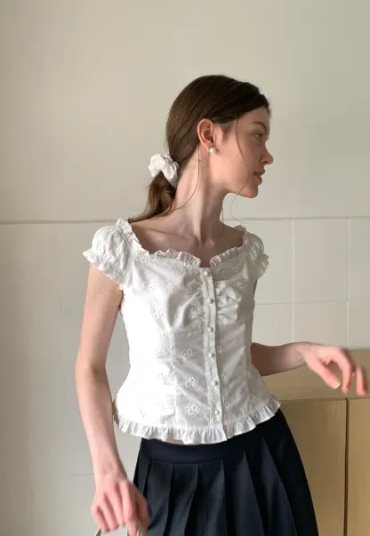 Ruffled Cap Sleeve Embroidered Button Front Shirt