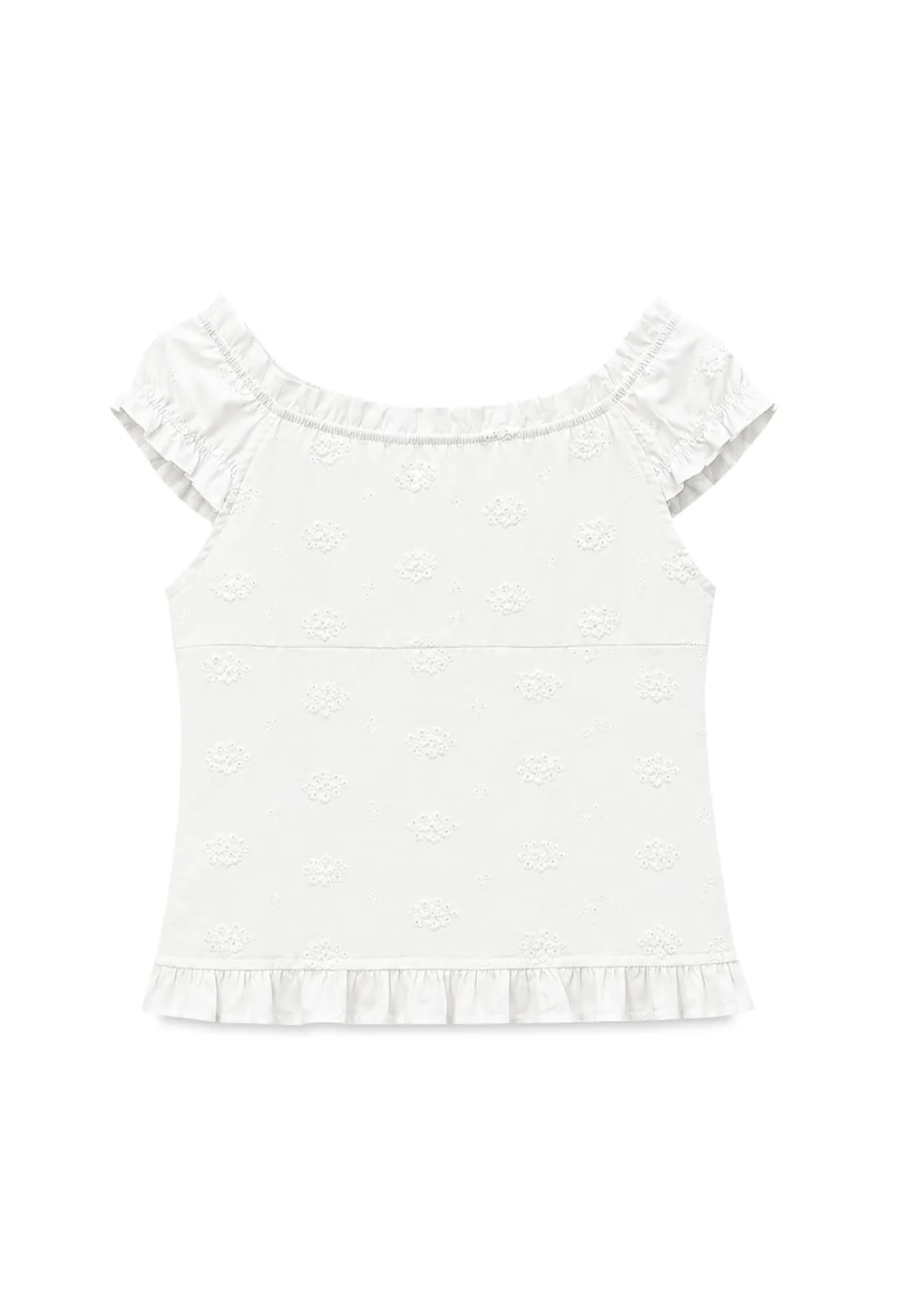Ruffled Cap Sleeve Embroidered Button Front Shirt