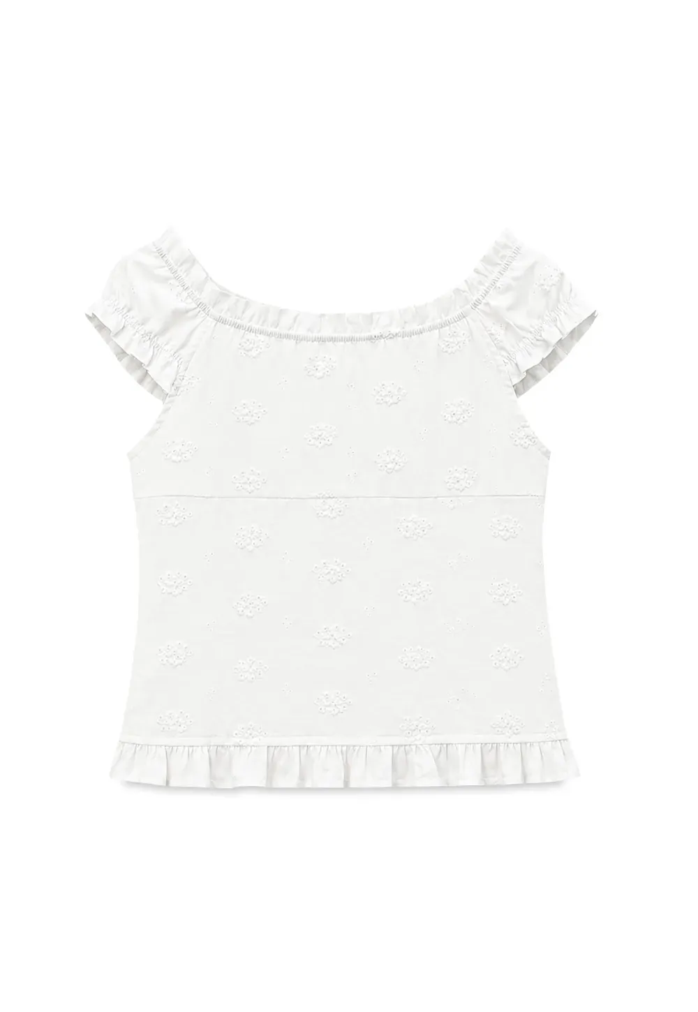 Ruffled Cap Sleeve Embroidered Button Front Shirt