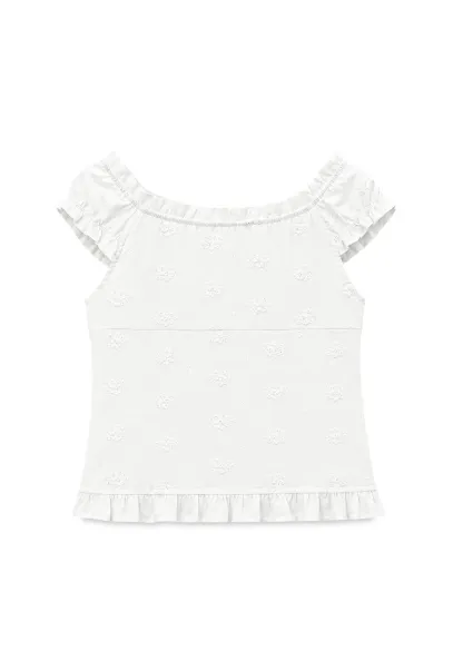 Ruffled Cap Sleeve Embroidered Button Front Shirt