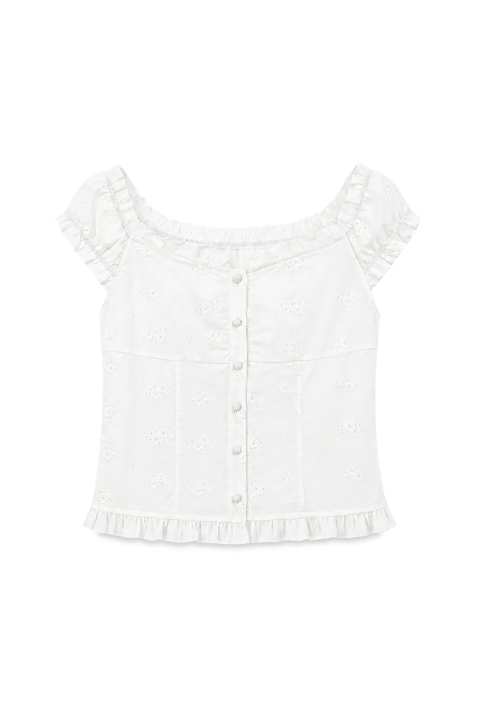 Ruffled Cap Sleeve Embroidered Button Front Shirt
