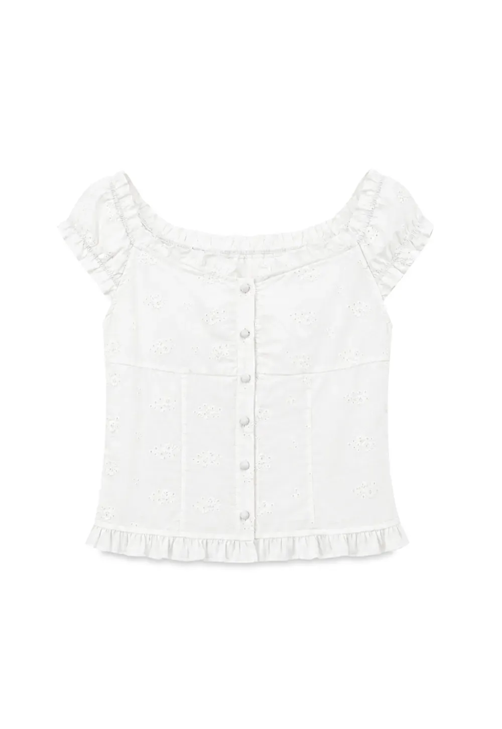 Ruffled Cap Sleeve Embroidered Button Front Shirt