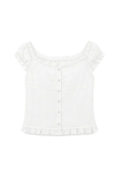Ruffled Cap Sleeve Embroidered Button Front Shirt