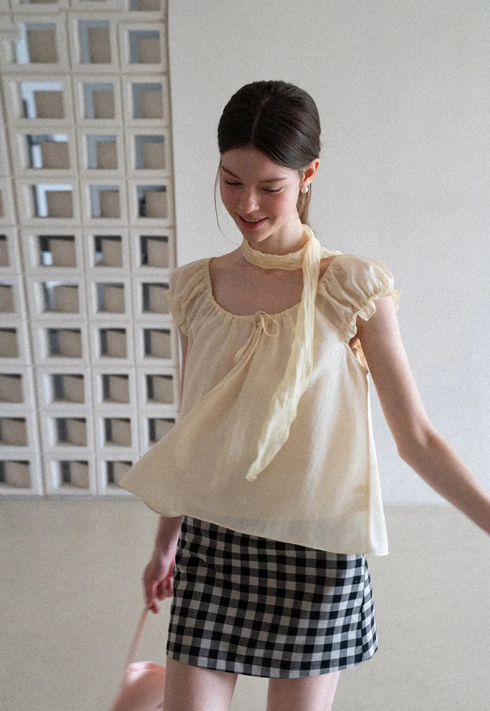 Square Neck Ruffle Sleeve Tie Front Blouse
