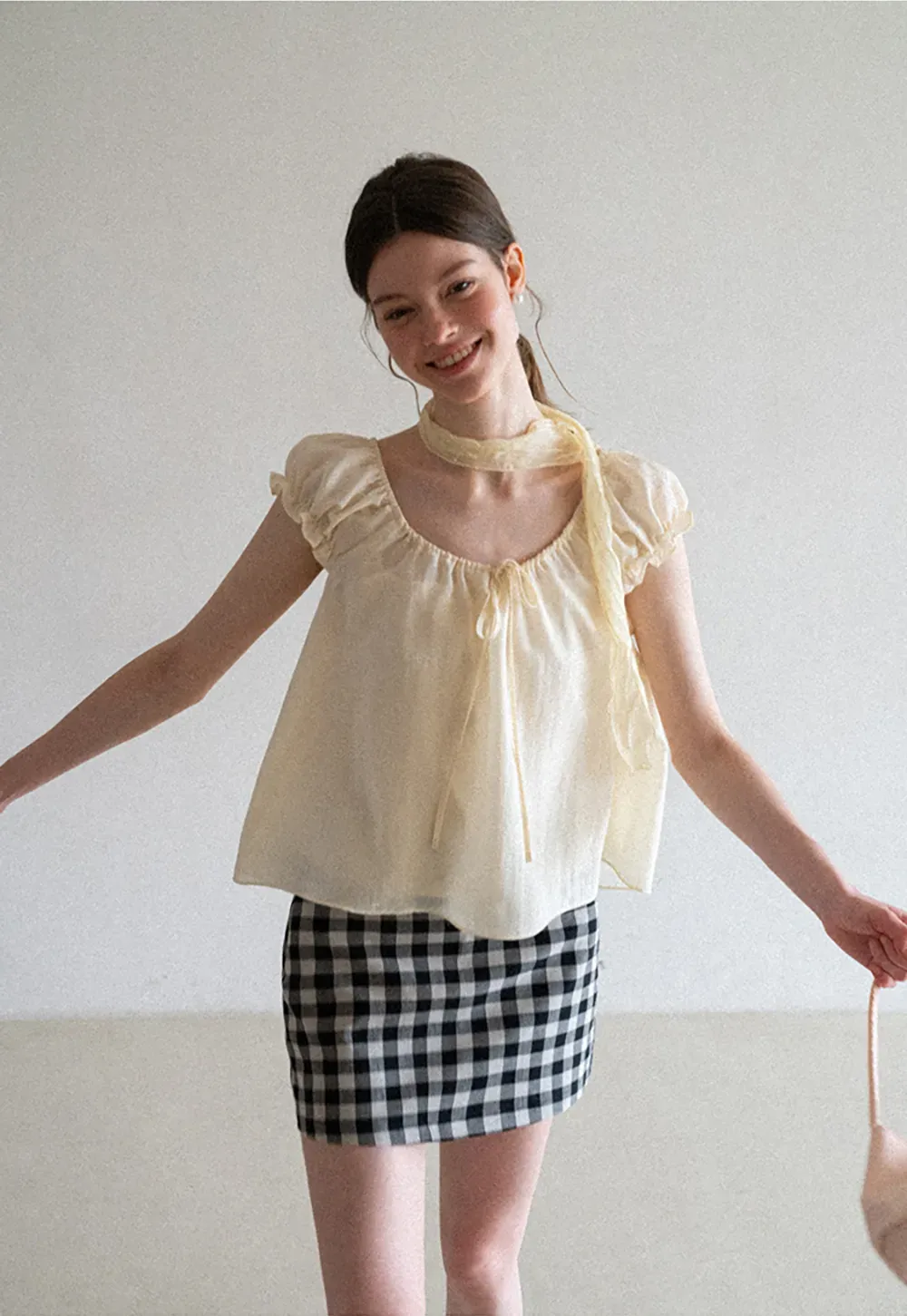 Square Neck Ruffle Sleeve Tie Front Blouse