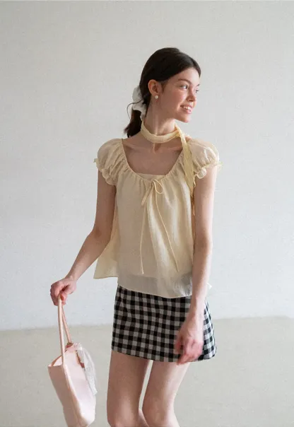 Square Neck Ruffle Sleeve Tie Front Blouse