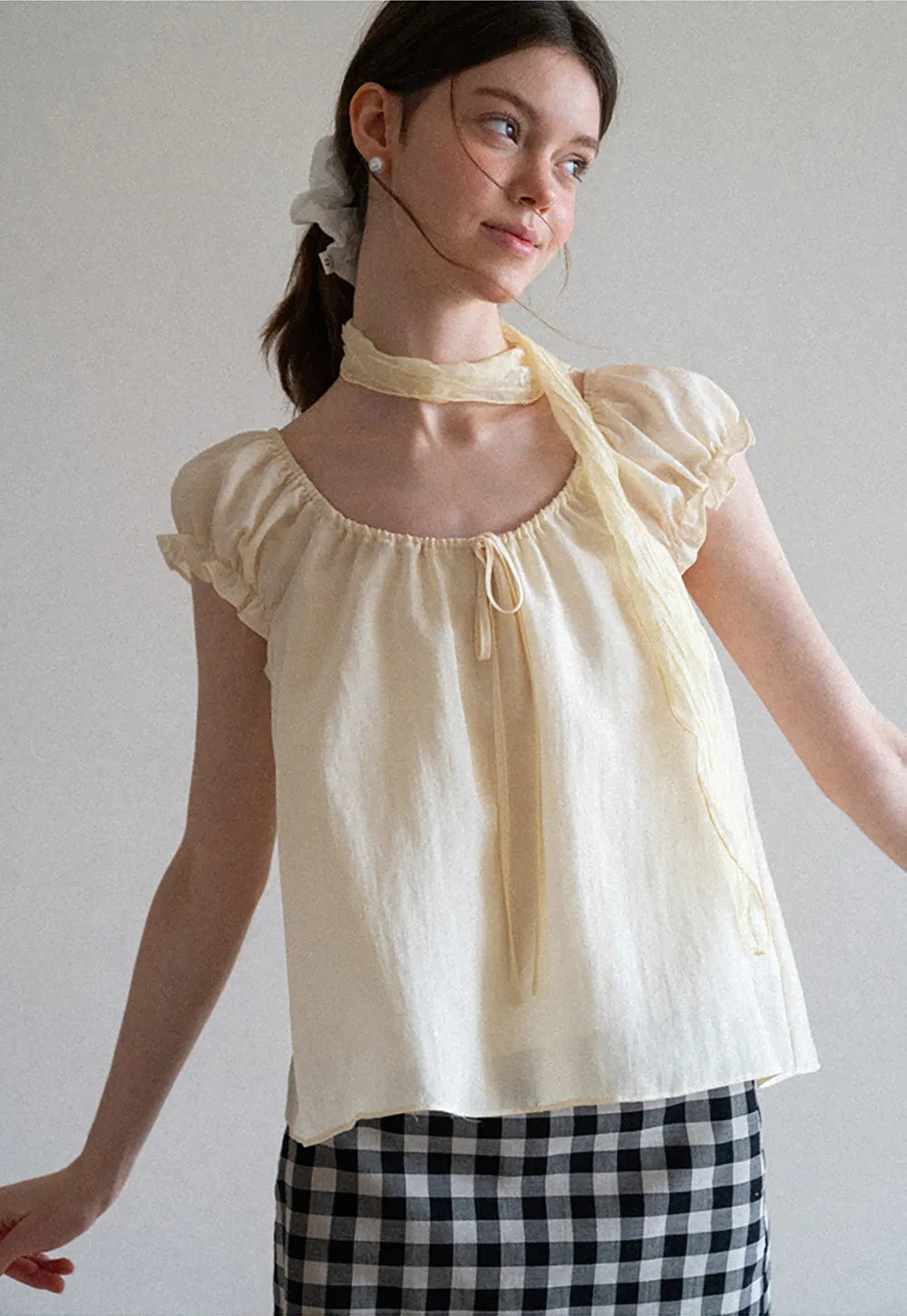 Square Neck Ruffle Sleeve Tie Front Blouse