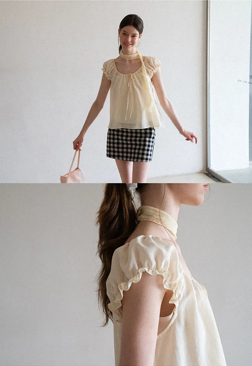 Square Neck Ruffle Sleeve Tie Front Blouse