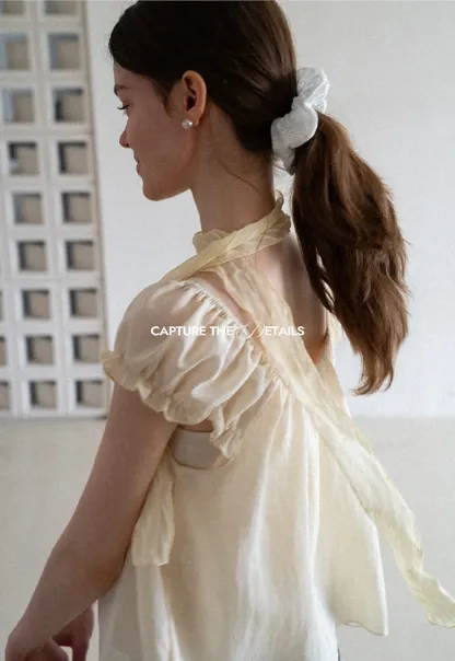 Square Neck Ruffle Sleeve Tie Front Blouse