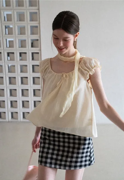 Square Neck Ruffle Sleeve Tie Front Blouse