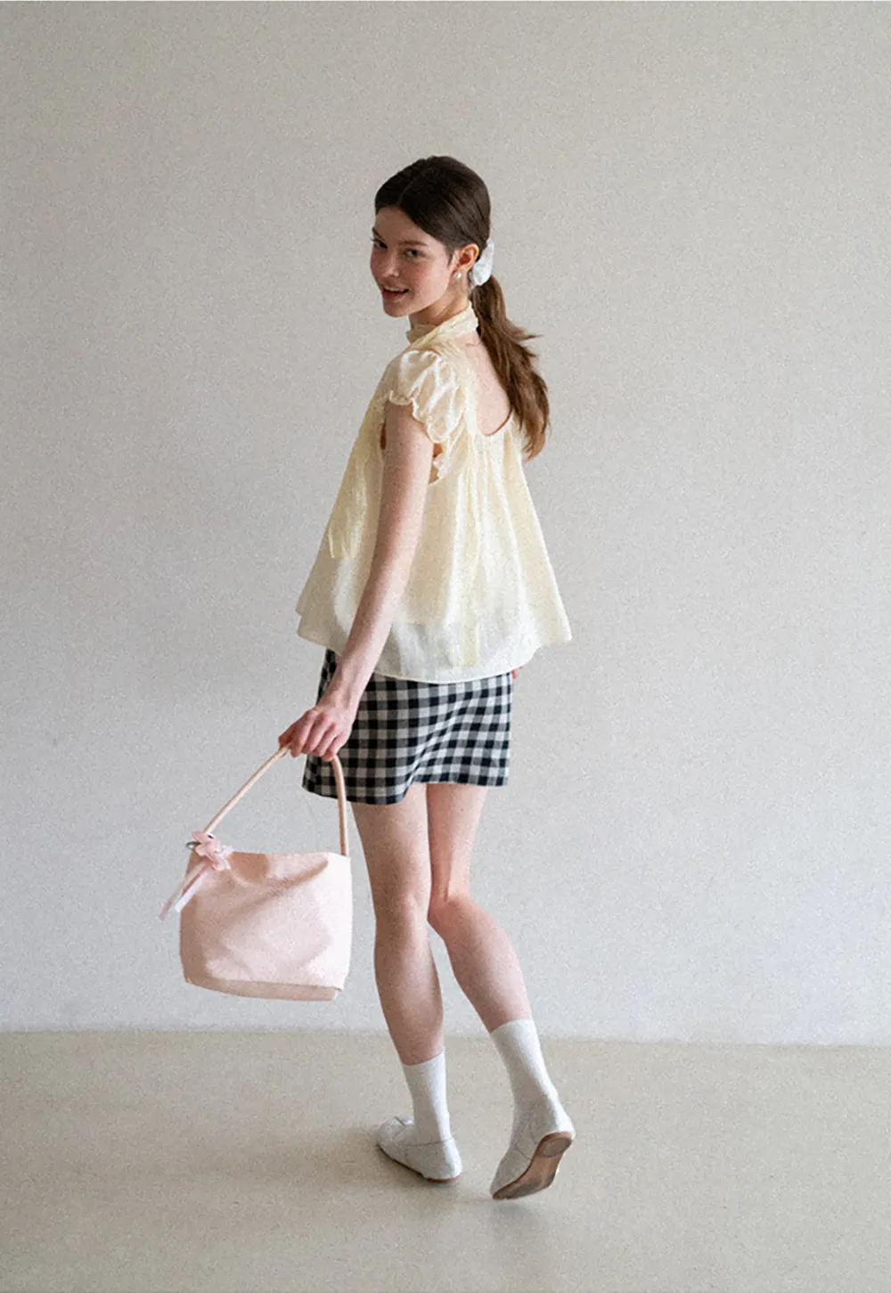 Square Neck Ruffle Sleeve Tie Front Blouse