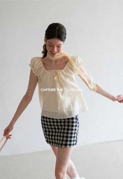 Square Neck Ruffle Sleeve Tie Front Blouse