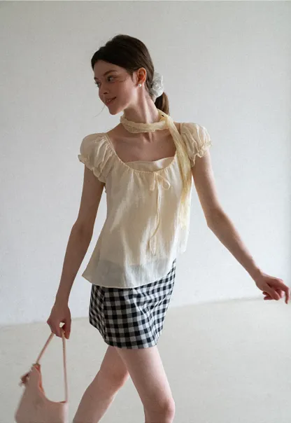 Square Neck Ruffle Sleeve Tie Front Blouse