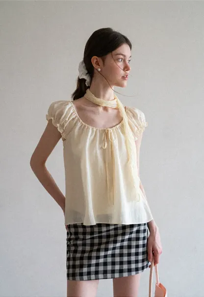 Square Neck Ruffle Sleeve Tie Front Blouse