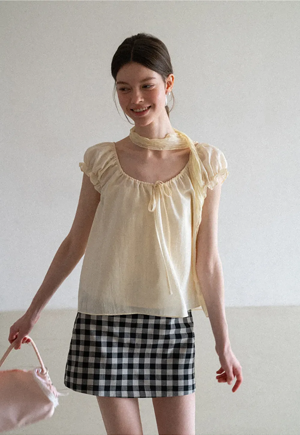 Square Neck Ruffle Sleeve Tie Front Blouse