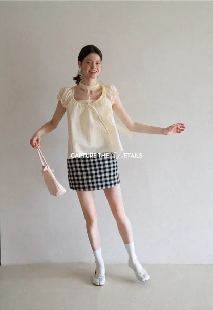 Square Neck Ruffle Sleeve Tie Front Blouse