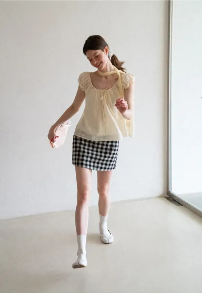 Square Neck Ruffle Sleeve Tie Front Blouse