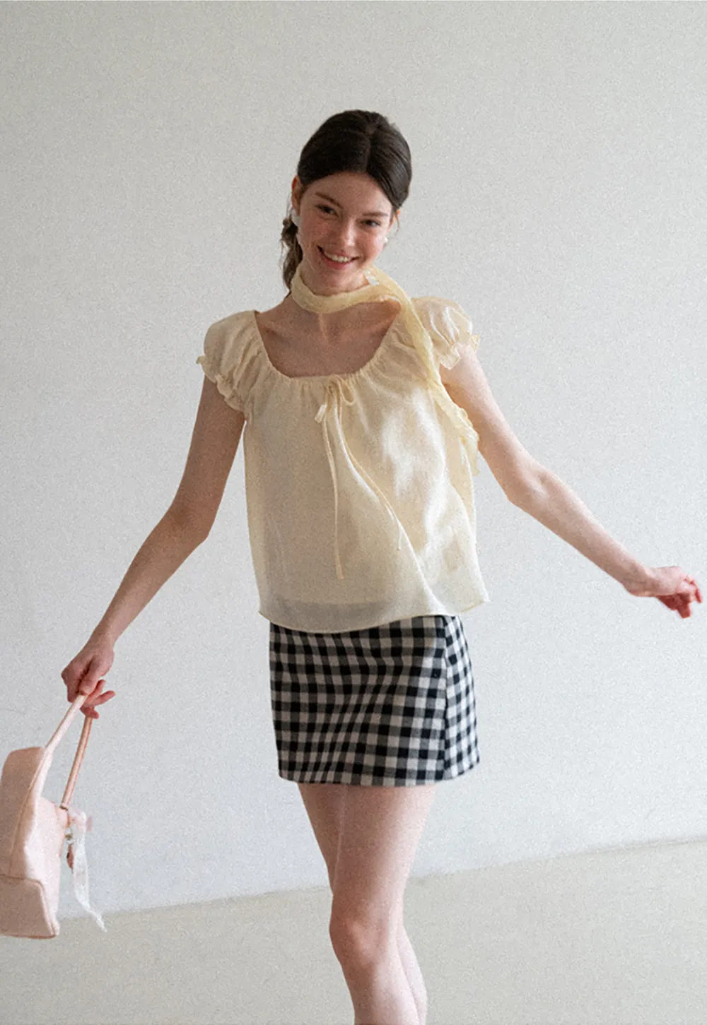 Square Neck Ruffle Sleeve Tie Front Blouse