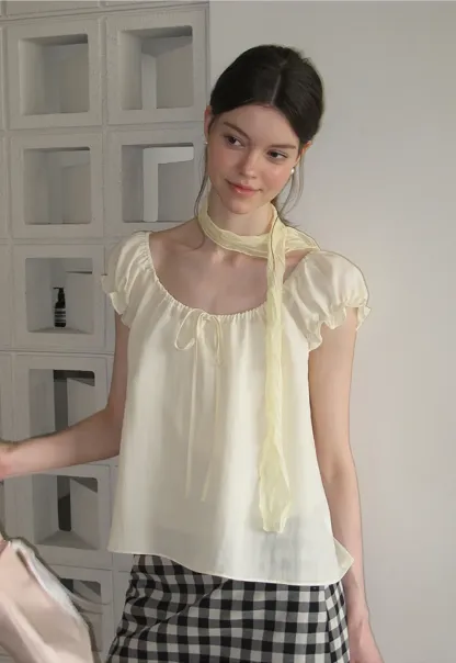 Square Neck Ruffle Sleeve Tie Front Blouse