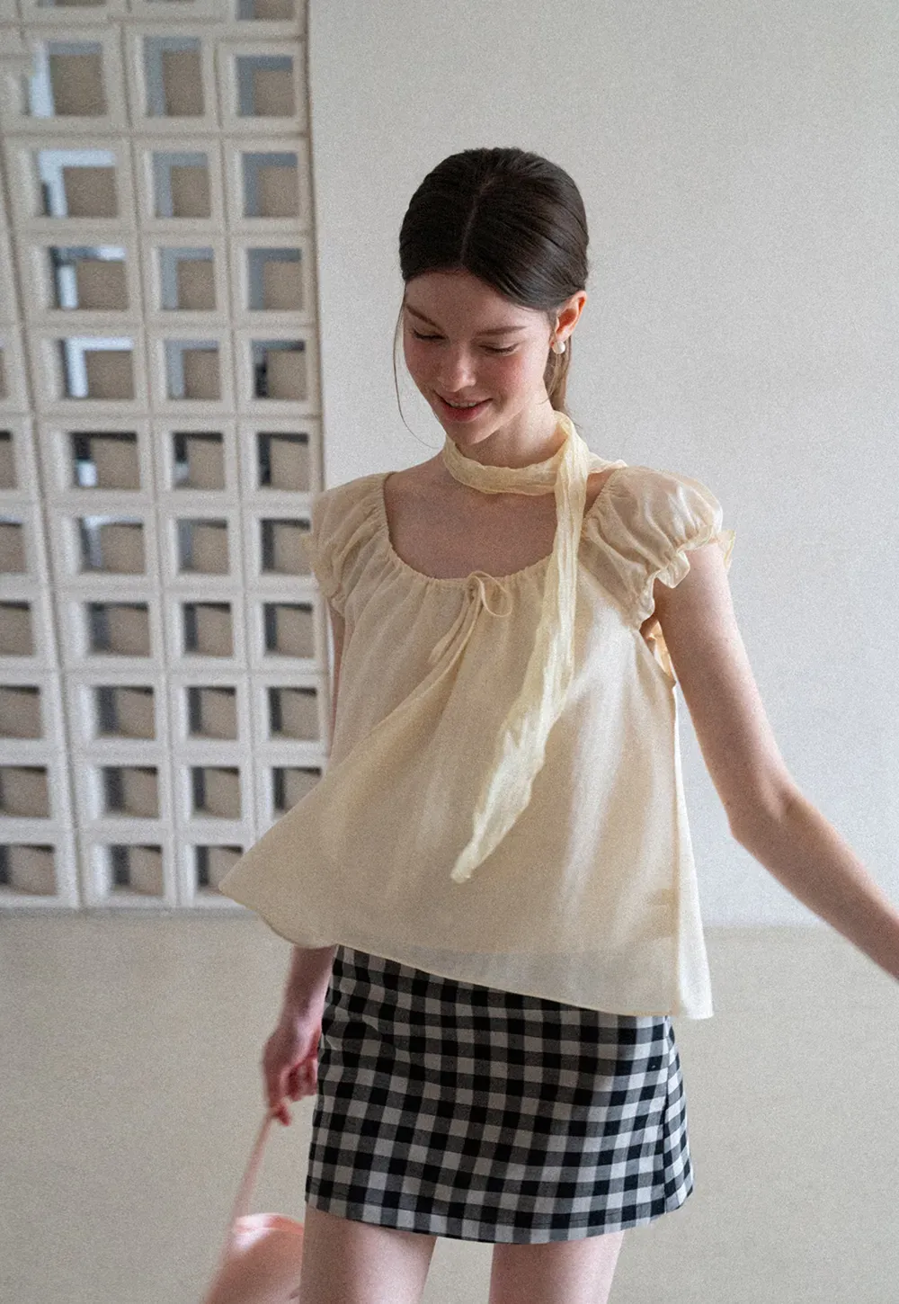 Square Neck Ruffle Sleeve Tie Front Blouse