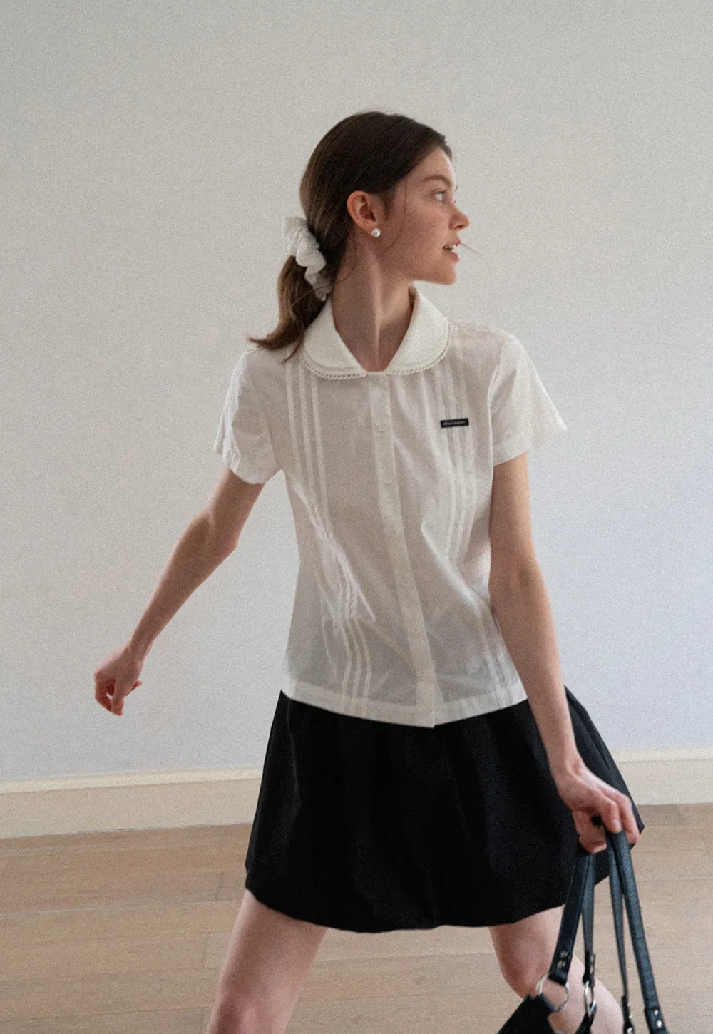 Pleated Collar Short Sleeve Shirt