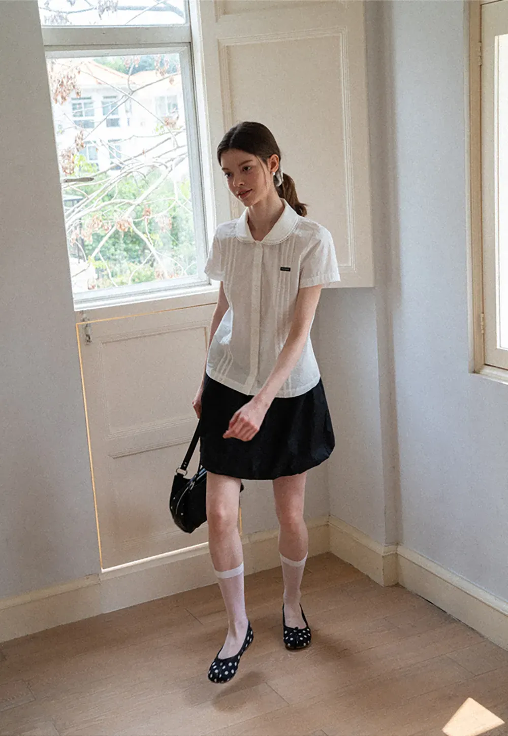 Pleated Collar Short Sleeve Shirt