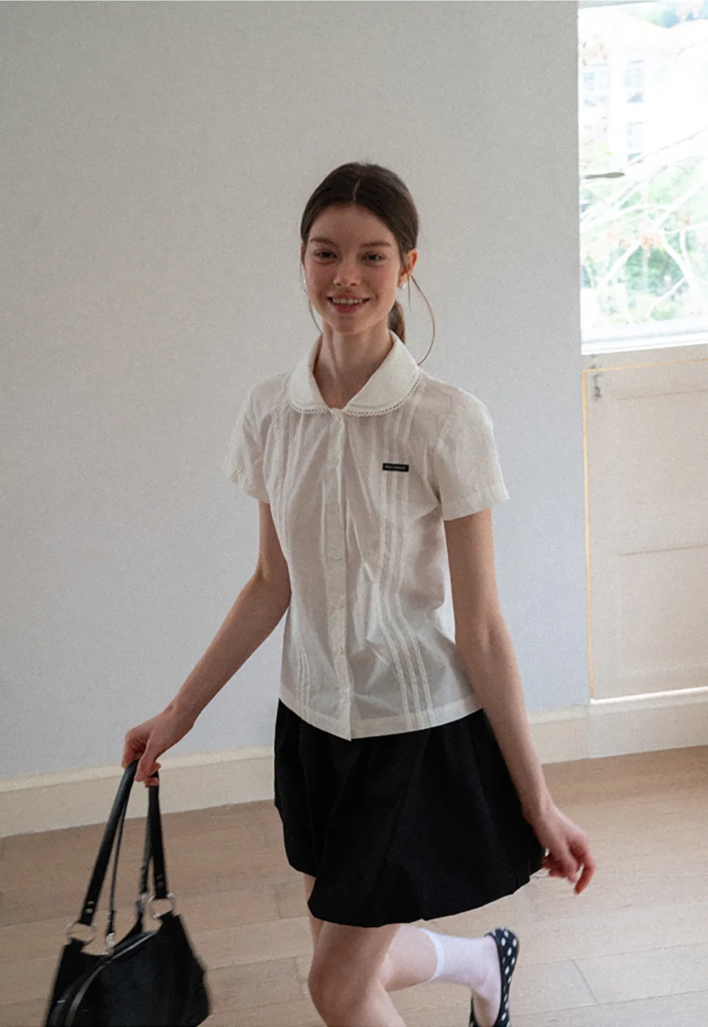 Pleated Collar Short Sleeve Shirt